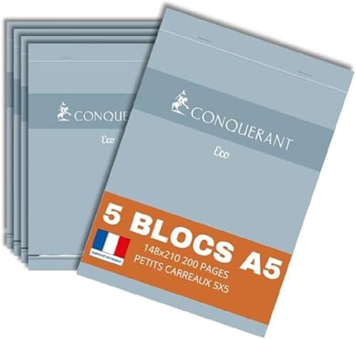 Kalanka-Conquerant Lot De 5 Bloc-Notes Eco A5 Petits Carreaux 5mm 200 Pages Agrafées Tête Couverture Carte Bleue