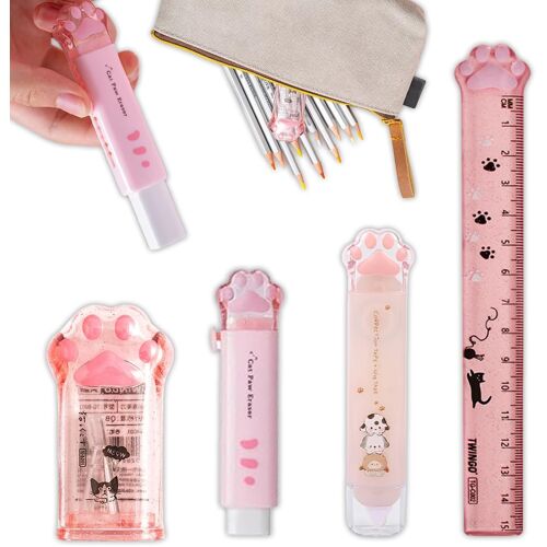 Kalanka-Lot De 4 Articles Papeterie En Forme De Patte De Chat Mignonne, Taille-Crayon Kawaii, Gomme, Ruban Correcteur, Règle, Pour Élèves De L'école