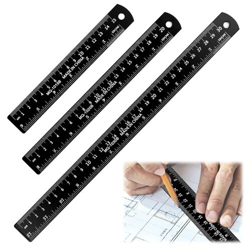 KALANKA-3 Pcs Règle Métallique en Aluminium Noir 15 cm 20 cm 30 cm Regle Metal, Avec Tableau de Conversion des Pouces en Millimètres, Règle de Mesure à échelle Centimètres Pouces pour L'école, Bureau