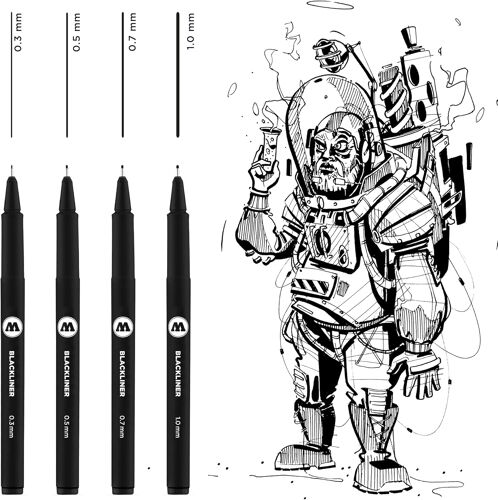 Kalanka-Blackliner Lot De 4 Stylos À Pointe Fine Avec Encre Permanente Indélébile, Étui, Épaisseur De Trait 0,3 À 1,0 Mm, Noirs