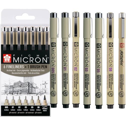 Kalanka-Pigma Micron Pointe Callibrée Set De 6 + Brush Pen | Encre Permanente Résistante À L¿Eau| Stylos Pour L'écriture, Le Dessin Et Le Journal Intime