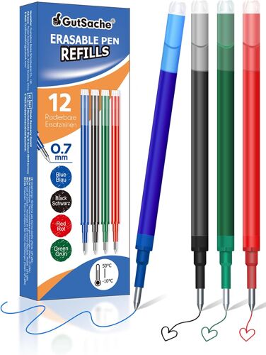 Kalanka-Lot De 12 Recharges Effaçables Pour Stylos Pilot Frixion Ball, Clicker & Eberhard Faber, Cartouches D'encre Thermosensitive, Recharges Pour Stylo Gel Effaçable, 4 Couleurs