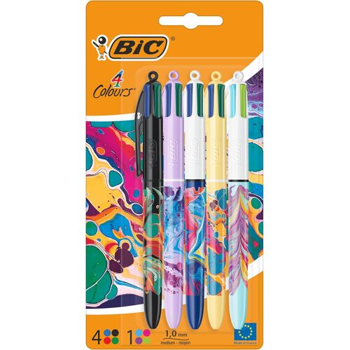 Kalanka-4 Couleurs Décors Stylos-Bille Pointe Moyenne (1,0mm) - Couleurs D'encre Classiques Et Ludiques - Série Hydro Dipping, Lot De 5