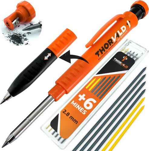 Kalanka-Crayon Chantier Pro Extensible (+ 7 Mine Multi-Supports + Taille Mine + Grip Easy-Write) Porte Mine Pour Menuisier, Bricolage, Dessin, Tracer Sur Bois Metal, Béton, Carrelage