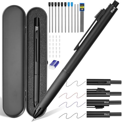 Kalanka-4 En 1 Stylo À Bille Multi Couleurs Et Porte Mine, 3 Pointes Fines Stylo Bille (Noire/Bleu/Rouge) 1 Pointe Porte Mine (0,5mm) Crayon Mécanique Avec Recharges De Rechange, Gommes, Étui À Crayo