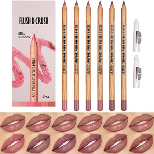 Kalanka-6 Couleurs Lipliner Crayon Set, Nude Crayons À Lèvres Avce 2 Taille-Crayon, Imperméable À L'eau Lèvres Maquillage Soft Pencil Durable Mat Lisse Ultra Fine Lipliner, B-#1 