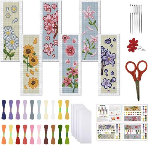 Kalanka-Kit De Point De Croix 6 Pièces - Signets Thèmes Floral - Kits De Broderie Compté Pour Débutants