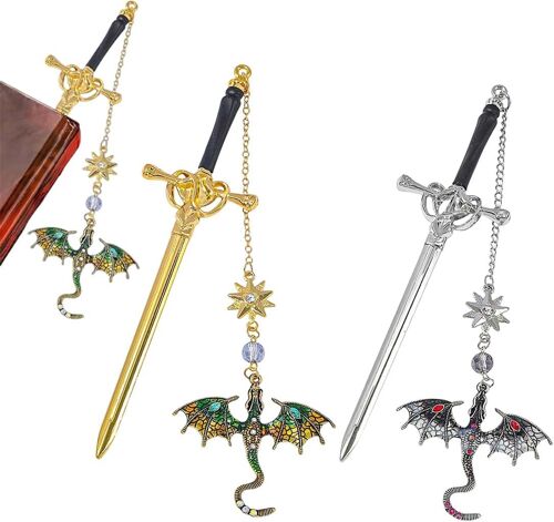 Kalanka-2 Pièces Sword Dragon Signets, Metal Marque Page, Marque Pages Dragon, Style Vintage, Marque Page Cadeau Pour Enfants Et Adultes