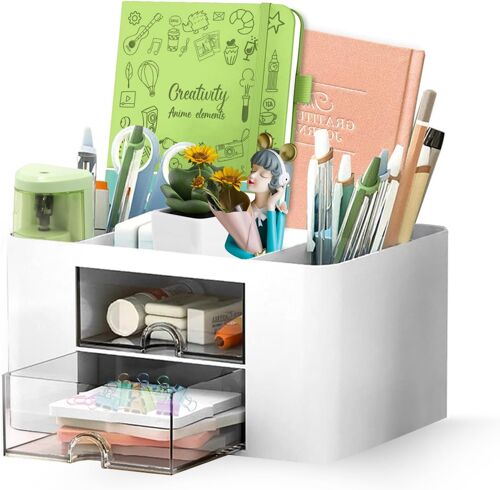 Kalanka-Organisateur De Bureau Multifonctionnel, 5 Compartiments, 2 Tiroirs Coulissants, Plastique, Boîte À Cosmétiques, Rangement Pour Maison Bureau École (Blanc)