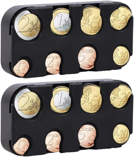 Kalanka-2 Pièces Boîtes De Rangement Organiseur Pour Monnaie, Idéales Comme Distributeur Ou Porte-Monnaie Trieur, Avec 8 Compartiments De 2 Euros À 1 Centime, Monnayeur Pour Voiture Et Taxi (Noir)