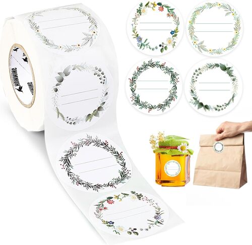 KALANKA-Etiquettes Autocollantes Bocaux, 200PCS 5CM Rouleau Étiquettes à Confiture avec 4 motifs différents, Vierge Étiquettes Autocollante Inscriptibles pour Bocaux, D'épices, Cuisson, Cadeau