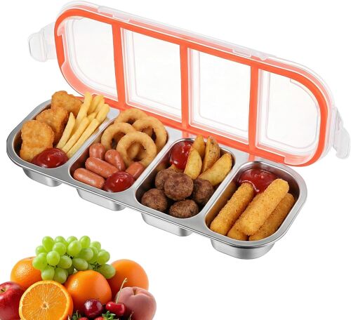 Kalanka-Boîte À Snacks Avec Couvercle, 500ml Boîte À Lunch En Acier Inoxydable Avec 4 Compartiments, Plateau Repas Divisé Portable Pour Fruits Noix Desserts Pique-Nique Camping Bureau Boîtes À Goûter
