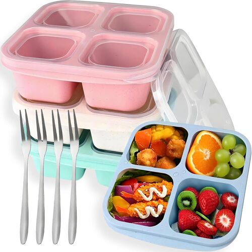 Kalanka-Bento Lot De 4 Boîtes À Déjeuner Bento Avec 4 Compartiments, Réutilisables, Avec Fourchette En Acier Inoxydable, Pour L'école, Le Travail, Les Voyages (Vert/Bleu/Rose/Beige)