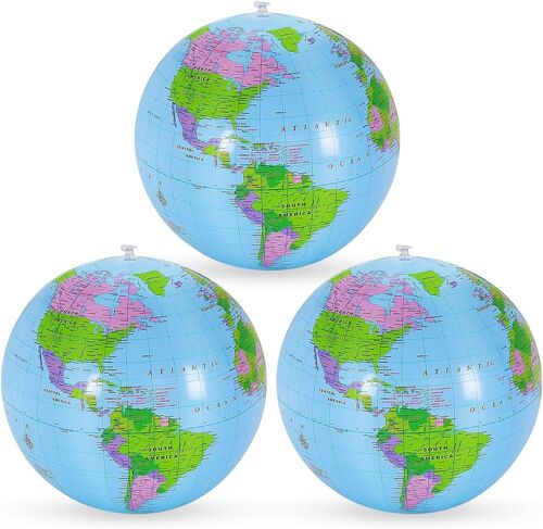 KALANKA-Lot de 3 globes terrestres gonflables, en PVC, carte du monde géographique, ballon d'eau gonflable pour la plage, l'école, l'éducation, les enfants, les adolescents, après le gonflage, 28 à 3