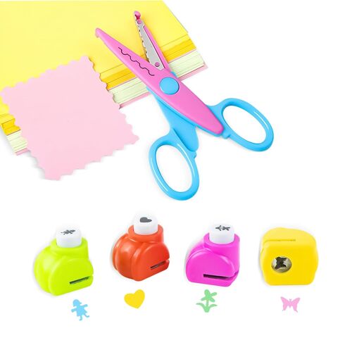 Kalanka-Perforatrice Scrapbooking, 4pcs Perforeuse Avec Ciseaux Cranteurs Pour Enfants, Creative Perforatrice De Papier, Perforeuse Papier Pour Diy Scrapbooking Création De Cartes Déco