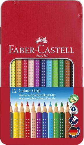 Kalanka-Faber-Castell 112413 - Crayons De Couleur Colour Grip, Étui Métallique De 12 Crayons, Incassables, Pour Enfants Et Adultes