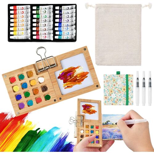 Kalanka-24 Couleurs Palette D'aquarelle Portable, Set De Peinture Aquarelle Palette Pliable, Set D'aquarelle De Voyage Bambou, Mini Kit De Peinture Aquarelle De Voyage Avec Sac De Rangement
