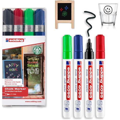 Kalanka-Edding 4095 Marqueur Craie Liquide - Noir, Rouge, Bleu, Vert - Étui De 4 - 2-3 Mm - Feutre Craie Effacable Pour Écrire Sur Les Vitres,Le Verre - Feutre Craie Ardoise Aux Couleurs Opaques