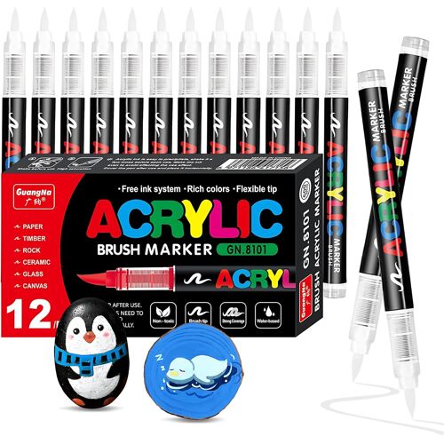 Kalanka-12 Blanc Feutre Acrylique, Stylos Acryliques Liquide Direct Acrylic Paint Marker Coloriage Pour Adultes, Marqueur Acide Acrylique Pour Coloriage, Pierre, Calligraphie, Bois, Toile, Verre 