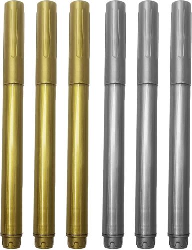 KALANKA-Lot de 6 Marqueurs Acryliques Métalliques Or et Argent pour Pierre, Céramique, Verre, Bois, Tissu, Toile et Métal, Peinture à Base d'Eau, Pointe Extra-Fine 2 mm pour Détails Précis