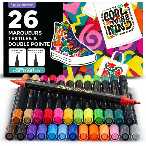 Kalanka-26 Marqueur Textile Permanent Double Pointe - Feutre Textile Permanent Non Toxique, Séchage Rapide - Peinture Tissu, Vetement, Chaussure, Tote Bag