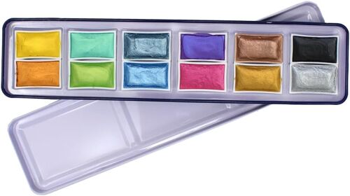 Kalanka-Set De Peintures Aquarelle - Shimmer - 12 Godets Complets - Une Gamme De Couleurs Métalliques Et Nacrées, Parfaites Pour La Peinture À L¿Aquarelle