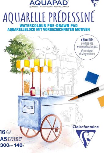 Kalanka-976071c Bloc Collé Aquarelle Prédessiné A5 14,8x21 Cm 300g - 15 Feuilles Papier Aquarelle Blanc Grain Fin - Thème Gourmandises