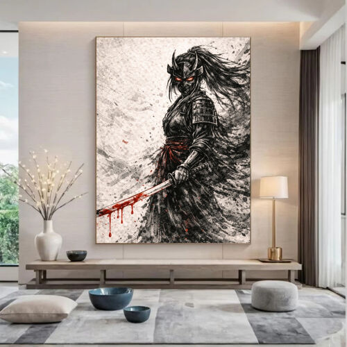 Affiche Murale D'Une Samouraï Démoniaque – Guerrière Masquée Au Katana – Art Mural Japonais Noir Rouge - Format 70x100cm