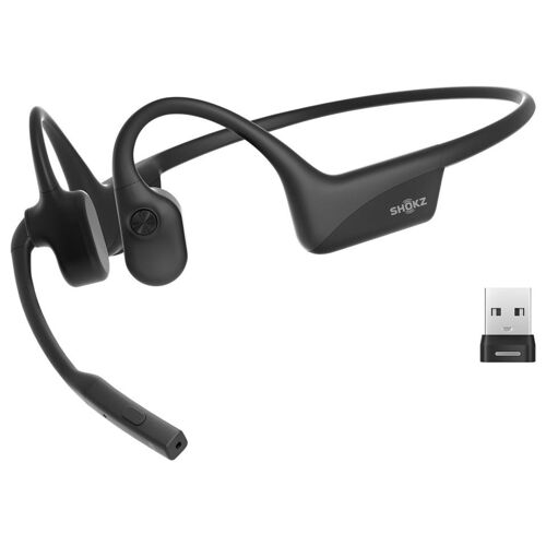 SHOKZ OpenComm2 UC - 2025 Upgrade - micro-casque - oreille dégagée - montage derrière le cou - Bluetooth - sans fil - USB-A via adaptateur Bluetooth - noir - certifié Zoom