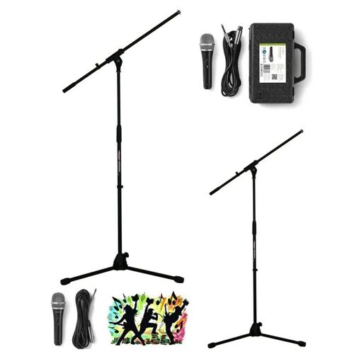 2 Pieds de Microphone professionnel télescopique avec PERCHE potence + 2 supports Micro + 2 Micros