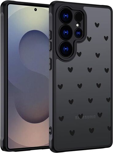 ELVORIX-Coque pour Samsung Galaxy S25 Ultra, Étui Mat Translucide avec Aesthetic Motif Coeur Minimaliste Housse Silicone TPU Bumper Fine Antichoc + PC Dur Arrière Anti-Rayures, Noir