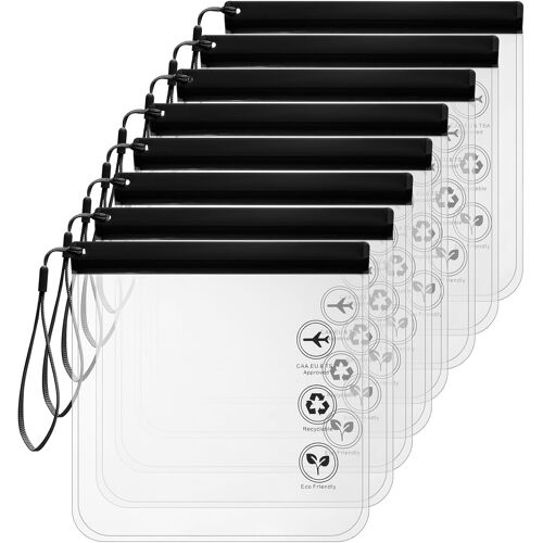 KALANKA-8 Pièces Trousses de Toilette Transparentes, 20 x 20 cm Sac Liquide avec Poignée, Étanche Trousse pour Avion, Kit de Voyage Maquillage pour Femme et Homme (Noir)