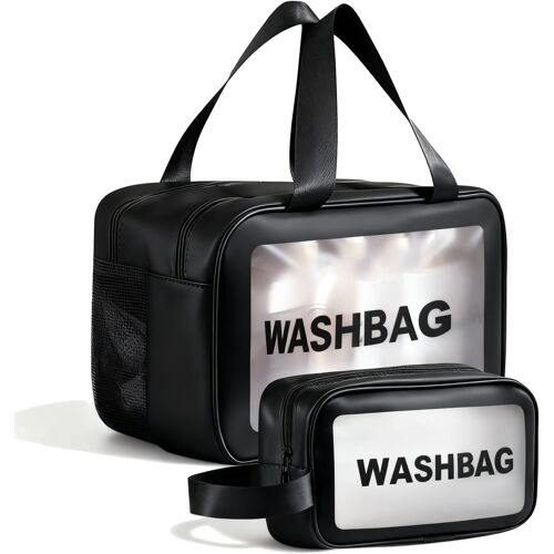 KALANKA-2 Pièces Trousse de Toilette Transparente Set, Grand et Petit Trousse de Toilette Étanche en PVC, Imperméable et Portable Sac de Voyage Transparent pour Femme Homme (Noir)
