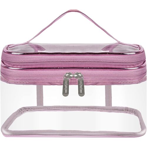 KALANKA-Trousse de Toilette Transparent, 2 Couches Trousse de Maquillage Voyage Grande, Sac Maquillage Femme, Sac Cosmétique Portable, Trousse de Toilette Imperméable pour Femme Fille (Rose)