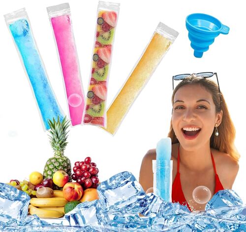 KALANKA-Lot de 100 Sacs à Popsicle, avec un Entonnoir,sans BPA,Pochettes Popsicle Moule,Pochette à Glace,Sachet Glace à L'eau,pour Yaourt Bonbons Crème Glacée Party Favors (5.5 x 28 cm)