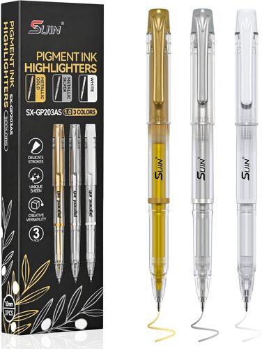 Kalanka-Or Argent Gel Blanc Pour Surligneurs Métalliques Stylos - 3 Paquets D'encre Mat Pigment 1,0 Mm Point Fin Pour Dessin Papier Foncé, Croquis, Code Et Écriture