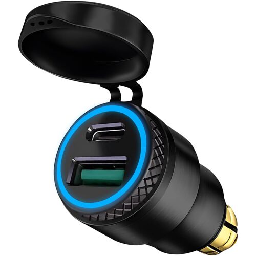 KALANKA-12V-24V Aluminium Chargeur DIN Plug to USB C 30W 5A QC 3.0 Prise USB DIN Chargeur Rapide Moto Etanche Adaptateur avec LED Bleue pour BMW Triumph Ducati Tiger de Style Europ DIN Hella Socket