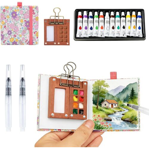 Kalanka-Kit Aquarelle Miniature, Kit Aquarelle Mini Palette Dessin Portable À 8 Grilles, 12 Voyage Kit Aquarelles Voyage, Boîte Peinture Pliable Avec Clip 2 Pinceaux, Pour Peintres Étudiants (Floral)
