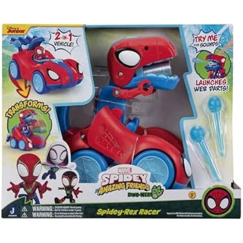 Spidey and His Amazing Friends Spidey¿Rex Racer 2-en-1 20,3 cm - Véhicule transformable, effets sonores & 2 fléchettes - Dès 3 ans