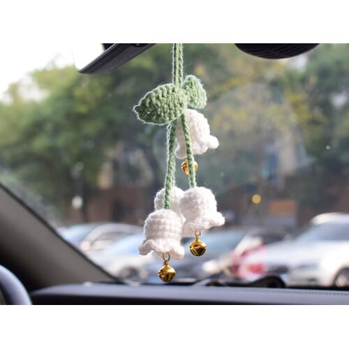 Kalanka-Pendentif Voiture Rétroviseur Muguet Au Crochet ¿ Décoration Voiture Intérieur Suspendue Fait Main ¿ Ornement Fleur Blanche Avec Clochettes ¿ Accessoire Esthétique Pour Femme Cadeau Auto (Bla