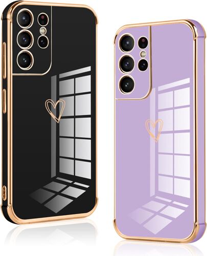 ELVORIX-[2 Pièces Coque pour Samsung Galaxy S21 Ultra 5G, Souple Silicone Antichoc Housse, Étui avec Motif Coeur et Bordure Dorée pour Samsung S21 Ultra 5G, Noir et Violet, purple+black