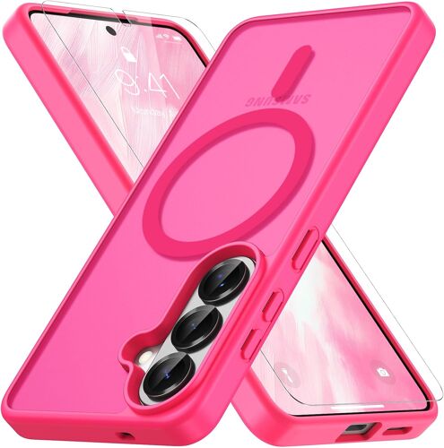 ELVORIX-Magnétique Coque pour Samsung Galaxy S26 avec 1 Verre Trempé, Compatible avec MagSafe, Protection Contre Les Chutes de qualité Militaire, Coque Mat Translucide Fine Antichoc-Rose Vif