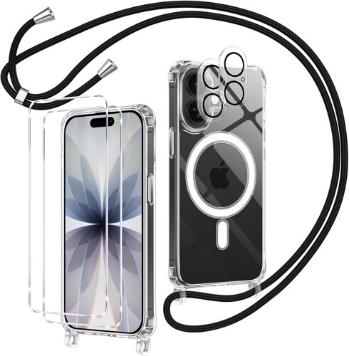 ELVORIX-Magnétique Coque pour iPhone 17 avec Cordon, 2 Verre Trempé et 2 Caméra Protecteur, Transparente TPU Bumper Silicone Étui avec Cordon Réglable Antichoc Anti Rayures Protection Housse, Schwarz