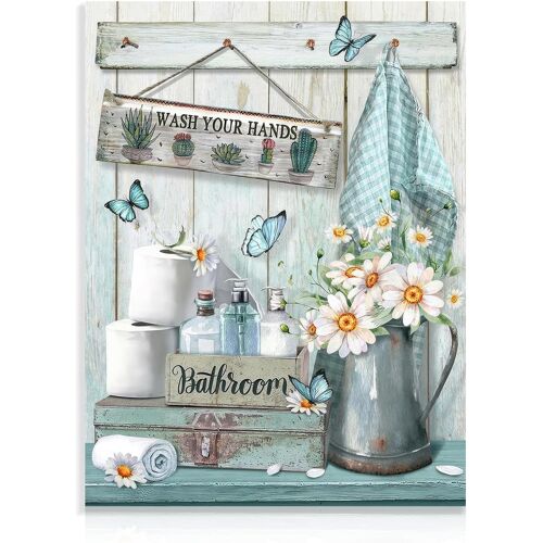 KALANKA-Décoration Murale de Salle de Bain Farmhouse, Tableau Rustique Fleur et Papillon Sarcelle, Panneau Lave-toi les Mains pour Salle de Bain 30x40 cm Sans Cadre