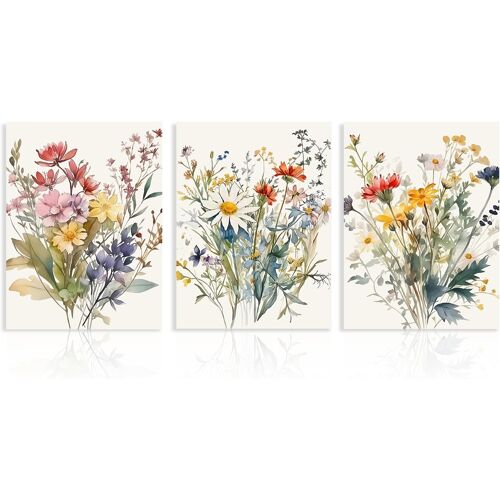KALANKA-Lot de 3 Décorations Murales Fleuries Aquarelles, Art Mural en Toile de Fleurs Sauvages Colorées, Tableau de Fleurs Minimalistes pour Chambre à Coucher Salon 30x40 cm Sans Cadre