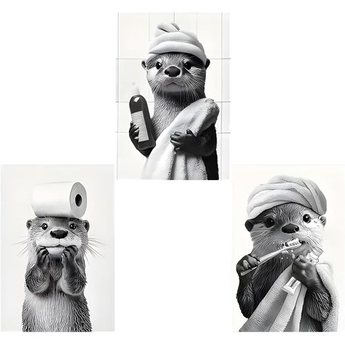 KALANKA-3 Pièces Posters Humoristiques pour WC avec Loutres, Déco Salle de Bain Drôle, Tableau Mural Animal en Noir et Blanc Sans Cadre, 20x25 cm, Idée Cadeau Originale