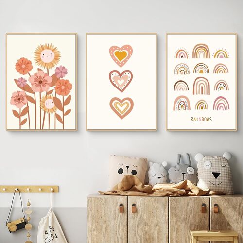 KALANKA-Lot de 3 posters pour chambre d'enfant - Décoration bohème - Fleurs roses - Soleil - Arc-en-ciel - Décoration murale - Sans cadre - Style bohème - 21 x 30 cm - A