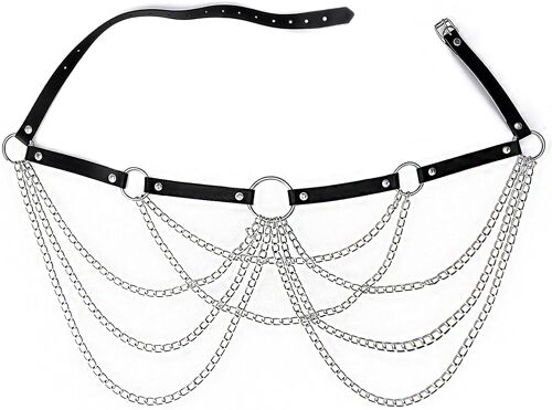 Kalanka-Punk Cuir Taille Chaîne Gothique Noir En Cuir Corps Chaînes Ceinture Chaine Rave Discothèque Chaîne De Ventre Bijoux Pour Femmes Et Filles