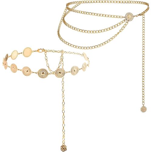 KALANKA-2 Pcs Ceinture Femme en Métal,Ceinture multicouche réglable,Ceinture Dorée Avec Marguerite Creuse,Chaîne de taille pour robe en jean,Western Femme en Métal Convient