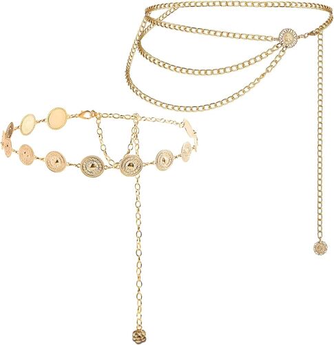 KALANKA-2 Pcs Ceinture Femme en Métal,Ceinture multicouche réglable,Ceinture Dorée Avec Marguerite Creuse,Chaîne de taille pour robe en jean,Western Femme en Métal Convient
